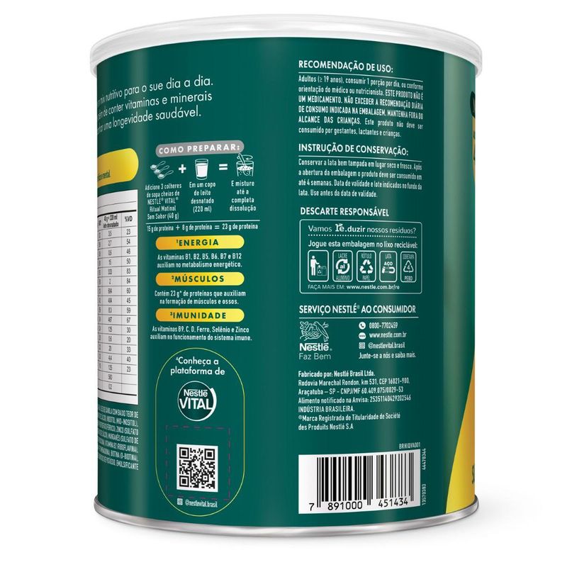Suplemento Alimentar Em Pó Nestlé Vital Ritual Matinal Sem Sabor - 720g