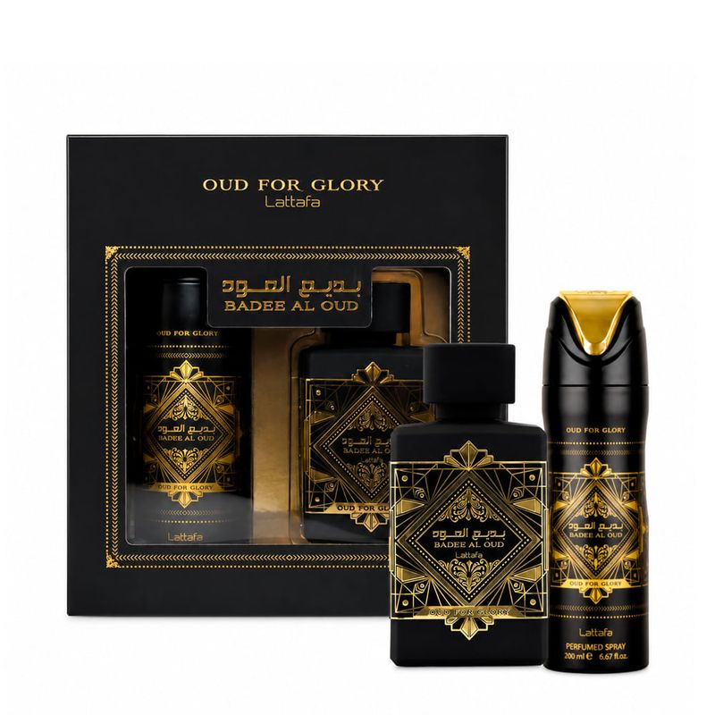Kit Lattafa Badee Al Oud Oud for Glory Unissex - Eau de Parfum 100ml + Desodorante 200ml
