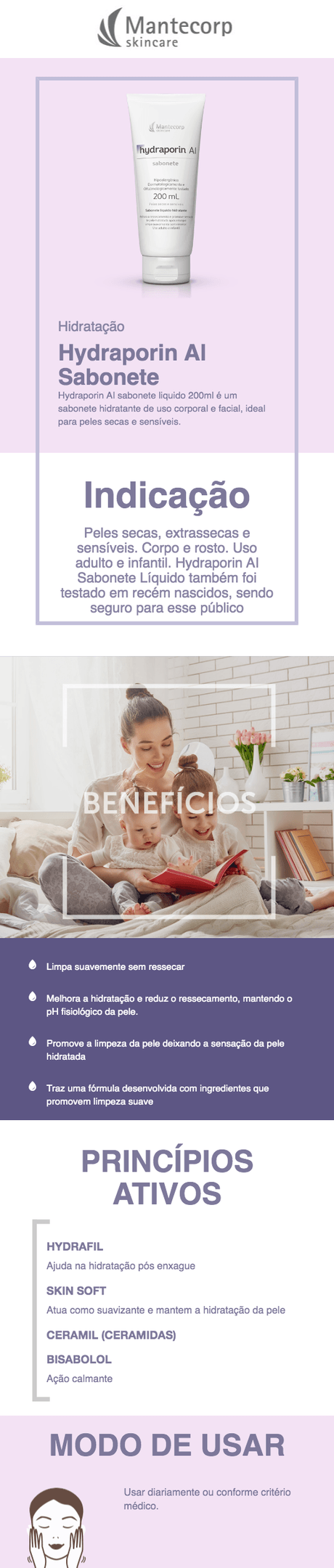 Sabonete Líquido Hidratante Hydraporin AI 200 mL Mantecorp para peles secas e sensíveis 3