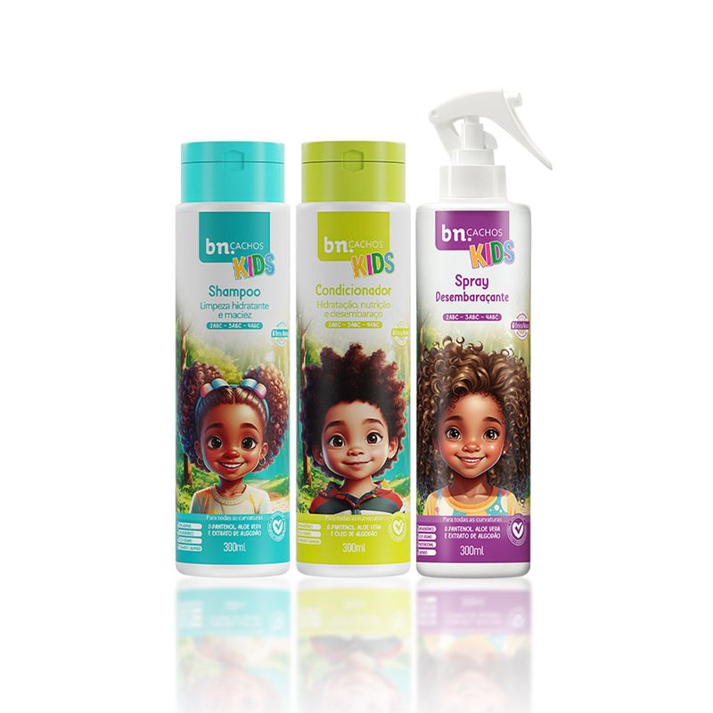 Kit Shampoo e Condicionador + Spray Desembaraçante 300ml Linha Kids bnCachos