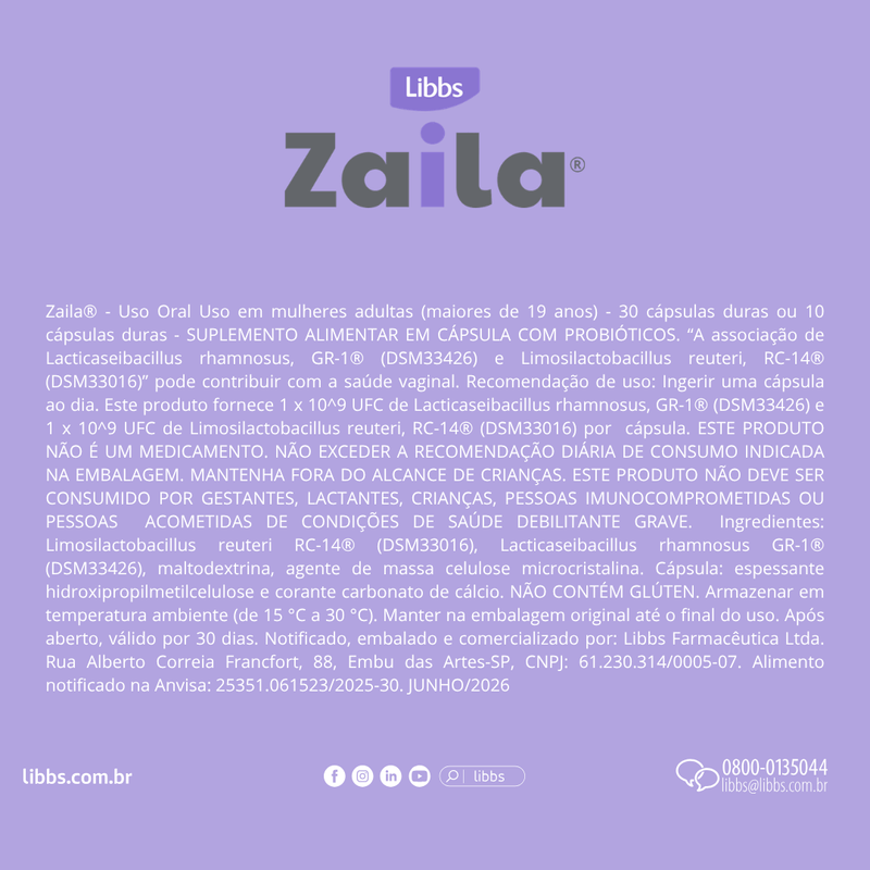 Zaila 9mg Suplemento Alimentar Libbs - 30 Cápsulas