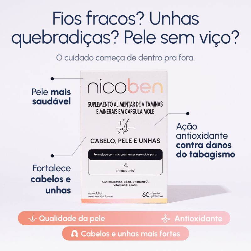 Suplemento Alimentar Nicoben Cabelo, Pele e Unhas - 60 Cápsulas Gelatinosas