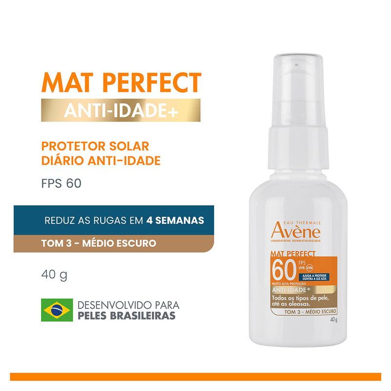 Protetor Solar Facial Eau Thermale Avène Fps 60 Mat Perfect Anti-Idade Cor 3 Média Escura 40g