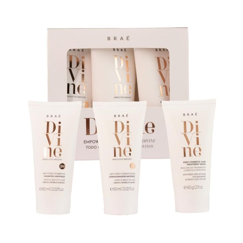 Kit Shampoo Condicionador e Máscara Antifrizz Divine 60ml Braé 1