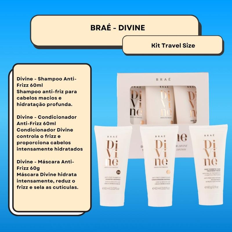 Kit Shampoo Condicionador e Máscara Antifrizz Divine 60ml Braé 2