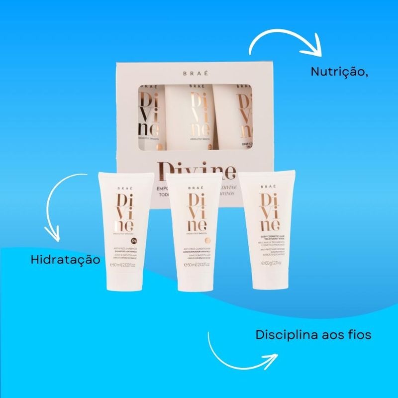 Kit Shampoo Condicionador e Máscara Antifrizz Divine 60ml Braé 4