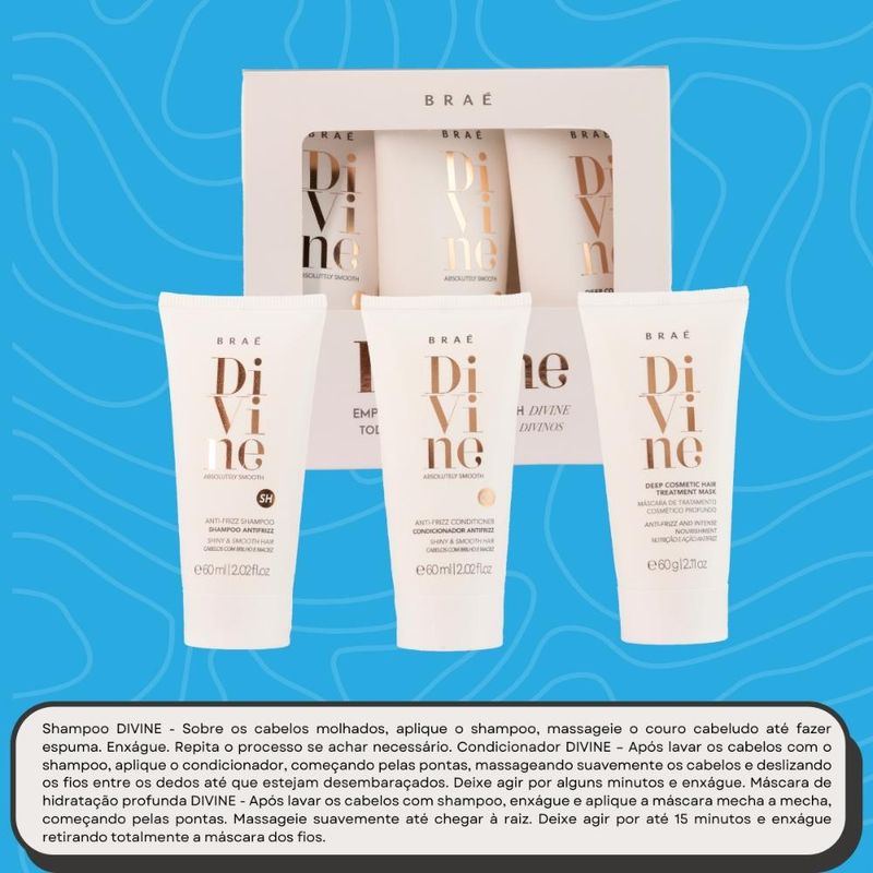 Kit Shampoo Condicionador e Máscara Antifrizz Divine 60ml Braé 5