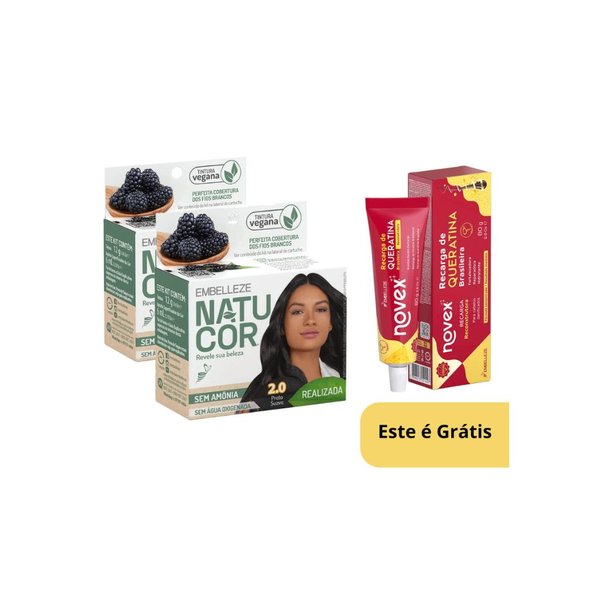 Kit Coloração Permanente Natucor Preto Suave 2.0 e Recarga Queratina 80g 1