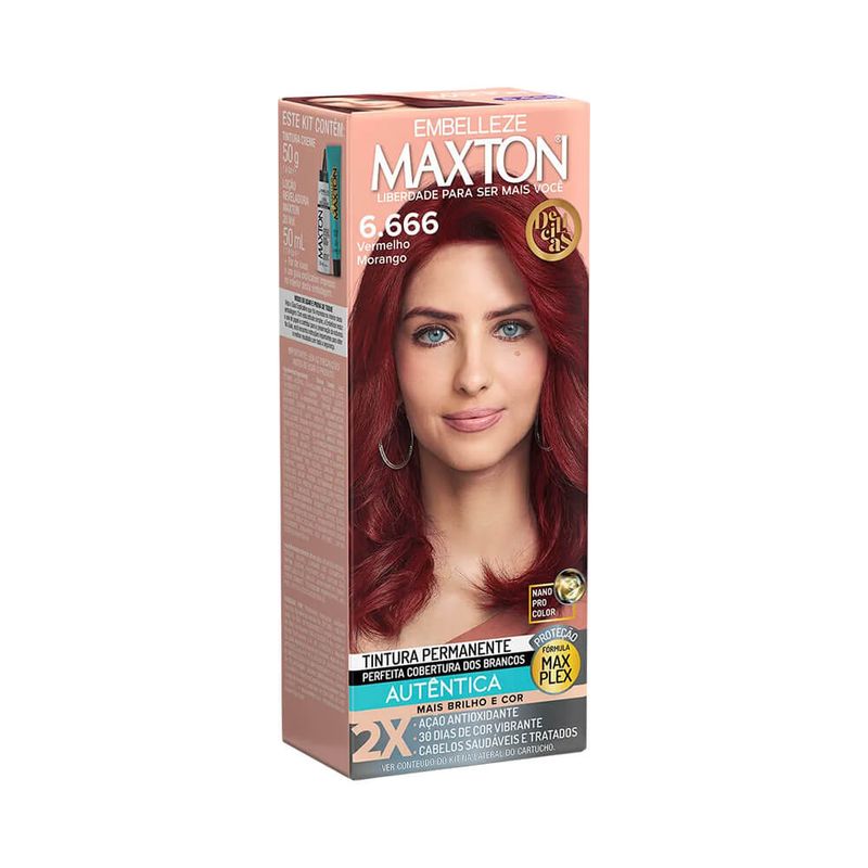 Coloração Permanente Maxton 6.666 Vermelho Morango Intenso 50g Kit Reveladora 20 Vol 1