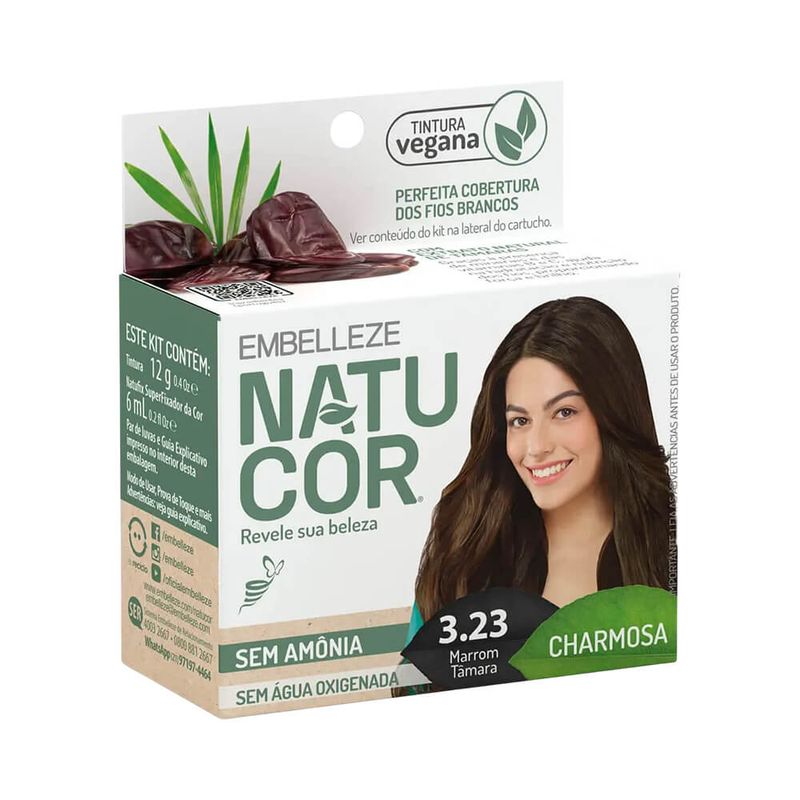 Coloração Vegana Natucor 3.23 Marrom Tâmara Sem Amônia Kit Tintura em Pó 1