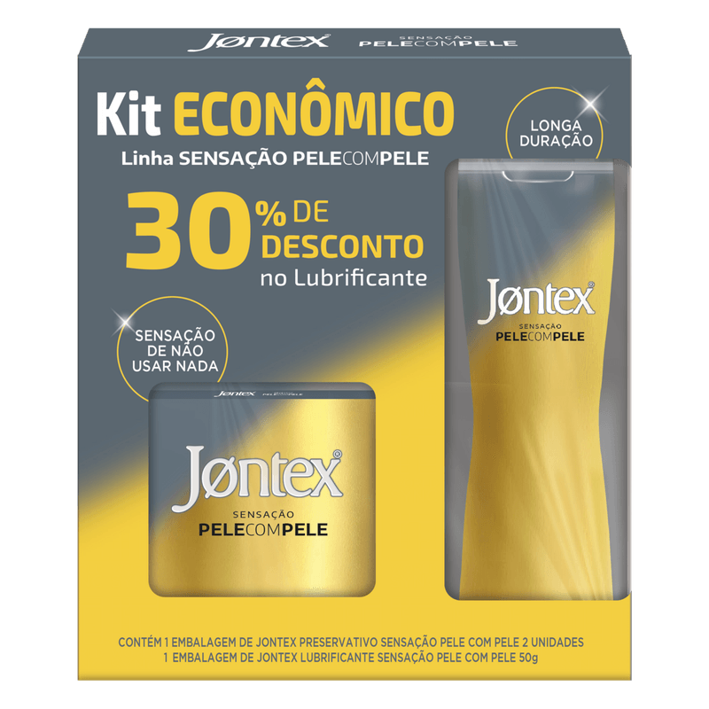Kit Jontex Sensação Pele com Pele 2 Preservativos Masculinos Lubrificados + 1 Lubrificante Íntimo Gel 50g