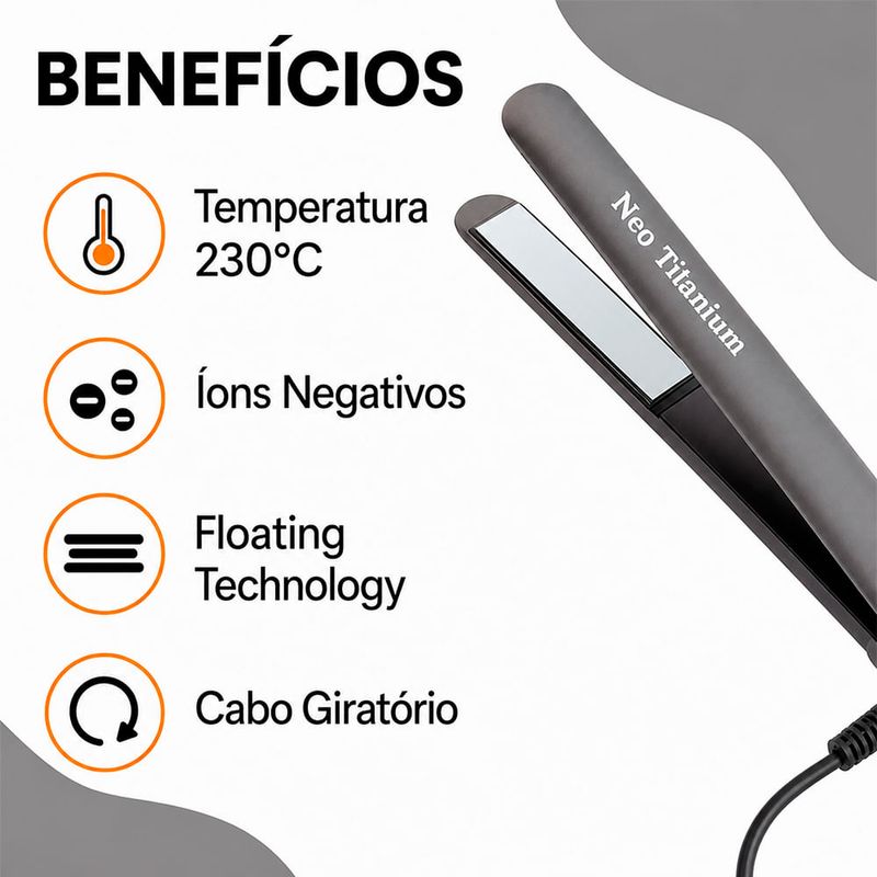 Lizz Professional Neo Titanium Cinza 230°C/450°F - Chapinha de Cabelo Bivolt
