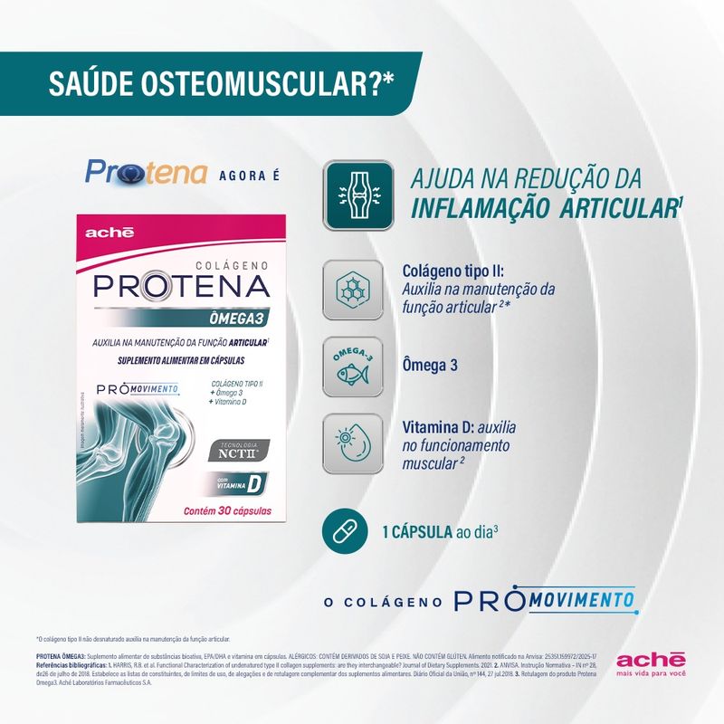 Protena Colágeno Não Hidrolisado Tipo II 40mg + Ômega 3 + Vitamina D - 30 Cápsulas