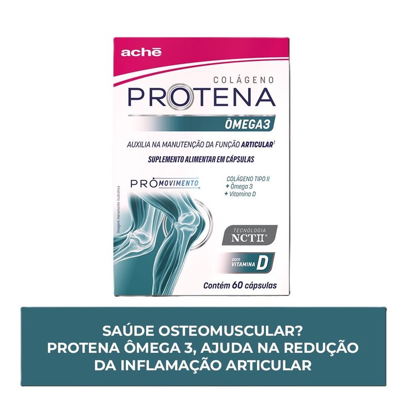 Protena Colágeno Não Hidrolisado Tipo II 40mg + Ômega 3 + Vitamina D - 60 Cápsulas