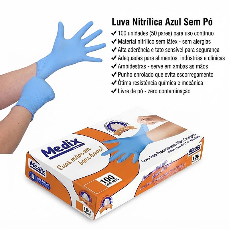 Luva Nitrílica Medix Azul Sem Pó Tam PP - 100 unidades