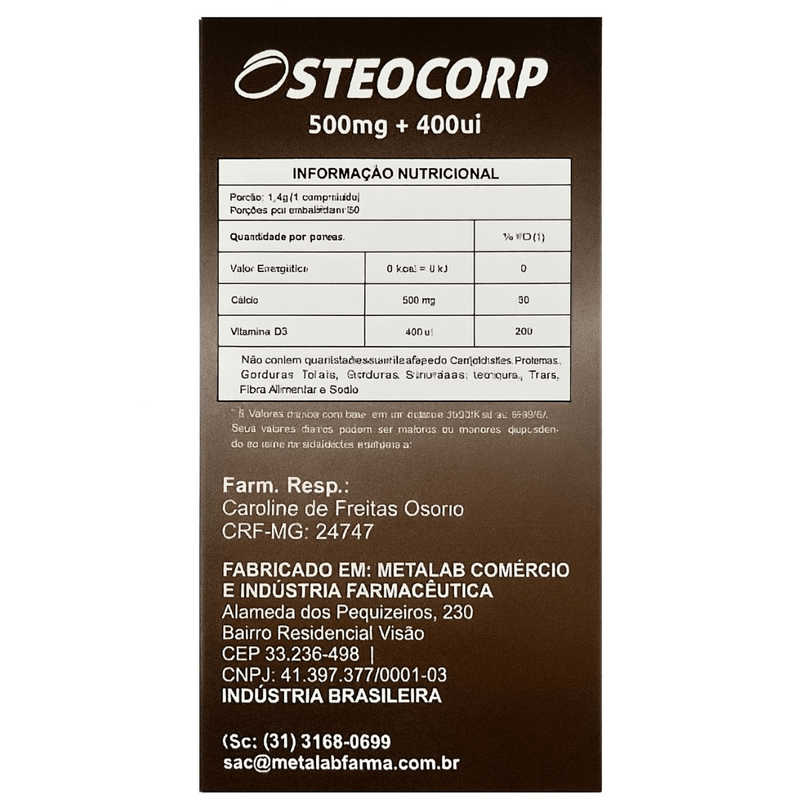 Osteocorp 500mg + Vitamina D3 400UI C/60 Comprimidos - Metalab