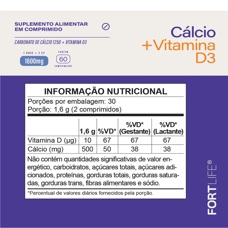 Cálcio + Vitamina D3 1600mg 60 Comprimidos Fortlife Sem Sabor