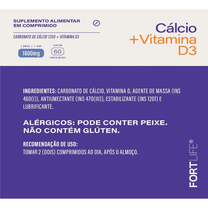 Cálcio + Vitamina D3 1600mg 60 Comprimidos Fortlife Sem Sabor