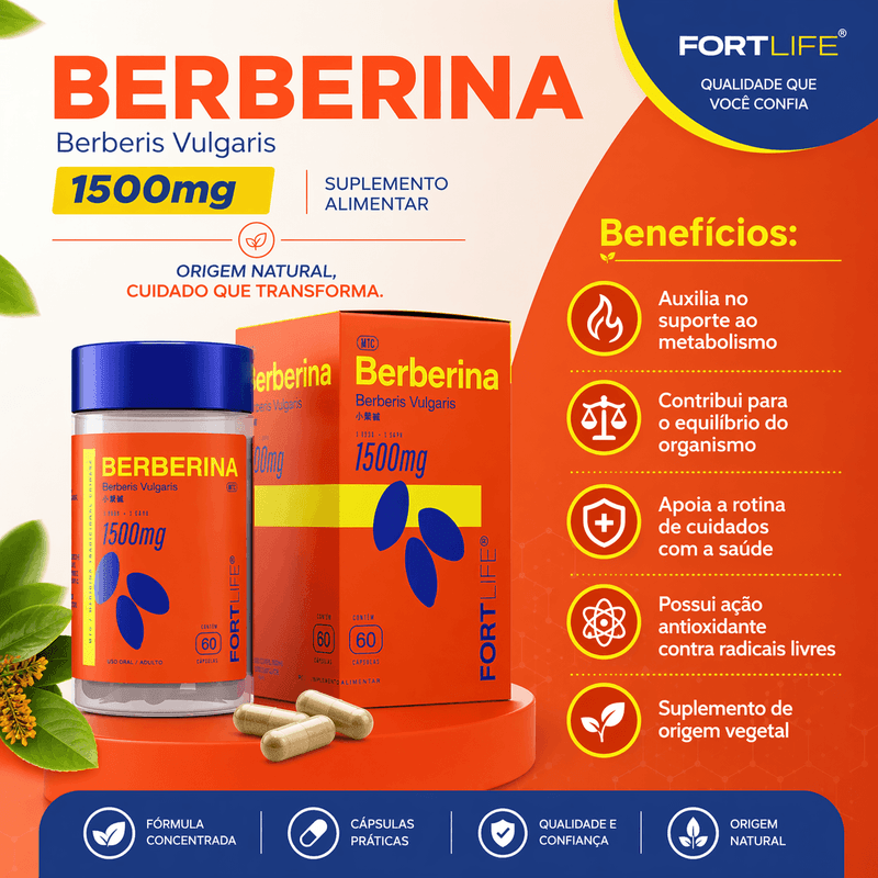 Berberina 500mg Por Dose C/60 Cápsulas - Fortlife