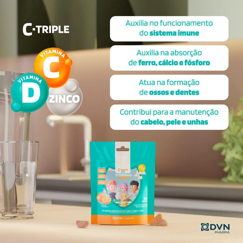 Vitamina C Gomas 30 mg + D 5 mcg + Zinco 25 mg 30 Unidades Sabor Laranja - C-Triple Kids
