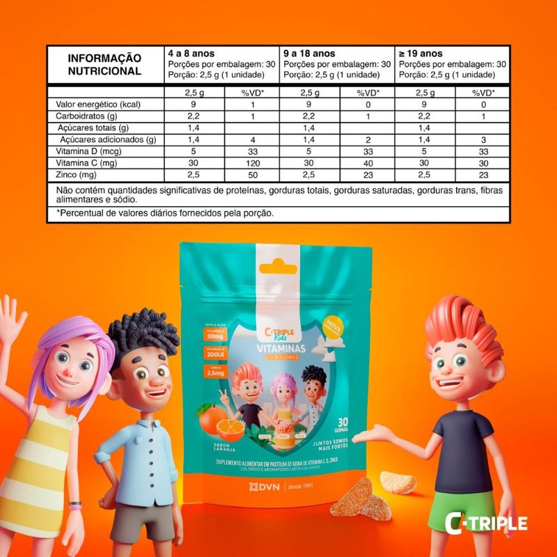 Vitamina C Gomas 30 mg + D 5 mcg + Zinco 25 mg 30 Unidades Sabor Laranja - C-Triple Kids