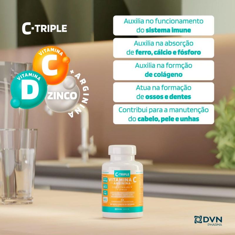 C-Triple + Arginina - Vit C 500mg + Zinco 5mg + Vit D 200UI + Arginina 500mg 30 comprimidos