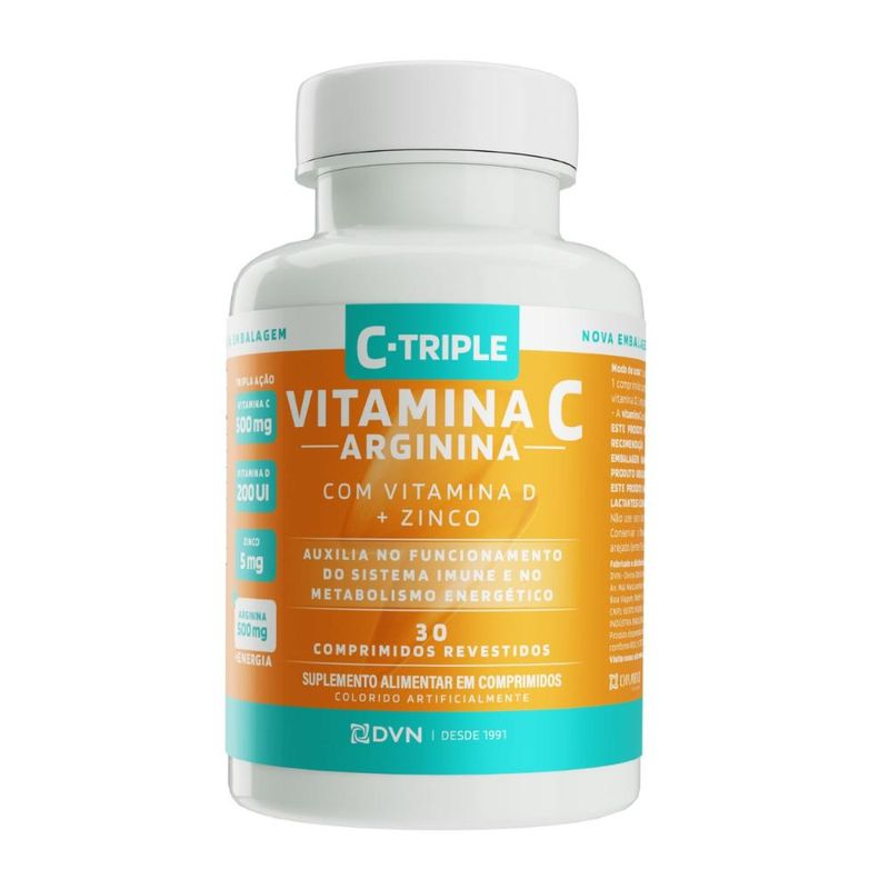 C-Triple + Arginina - Vit C 500mg + Zinco 5mg + Vit D 200UI + Arginina 500mg 30 comprimidos