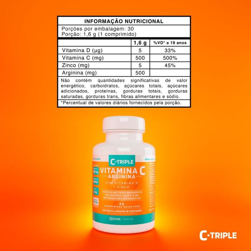 C-Triple + Arginina - Vit C 500mg + Zinco 5mg + Vit D 200UI + Arginina 500mg 30 comprimidos