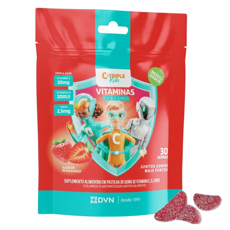 Vitamina C Gomas 30 mg + D 5 mcg + Zinco 25 mg 30 Unidades Sabor Morango - C-Triple Kids