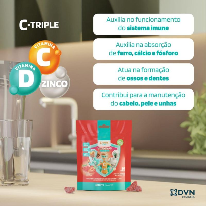 Vitamina C Gomas 30 mg + D 5 mcg + Zinco 25 mg 30 Unidades Sabor Morango - C-Triple Kids