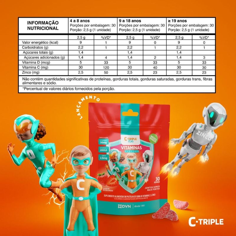 Vitamina C Gomas 30 mg + D 5 mcg + Zinco 25 mg 30 Unidades Sabor Morango - C-Triple Kids