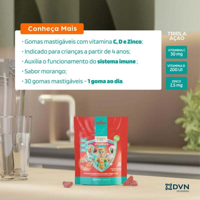 Vitamina C Gomas 30 mg + D 5 mcg + Zinco 25 mg 30 Unidades Sabor Morango - C-Triple Kids