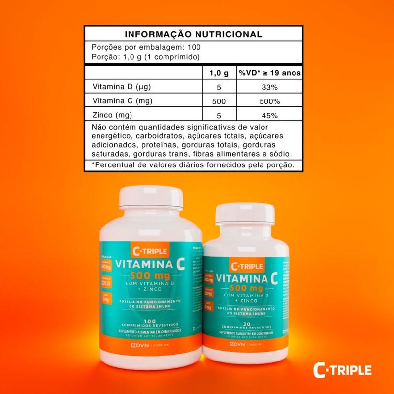 Vitamina C 500mg + Vit D200UI + Zinco 100 comprimidos C-Triple