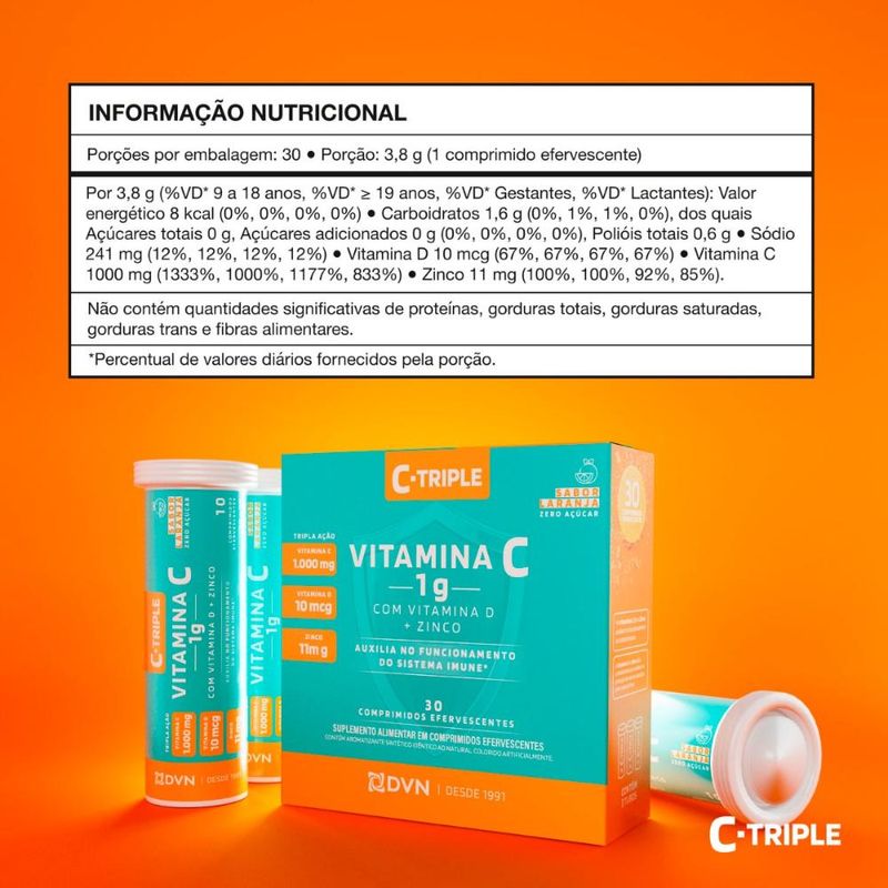 Vitamina C 1g+Vit D+Zinco Efervescente 30 comprimidos - C-Triple