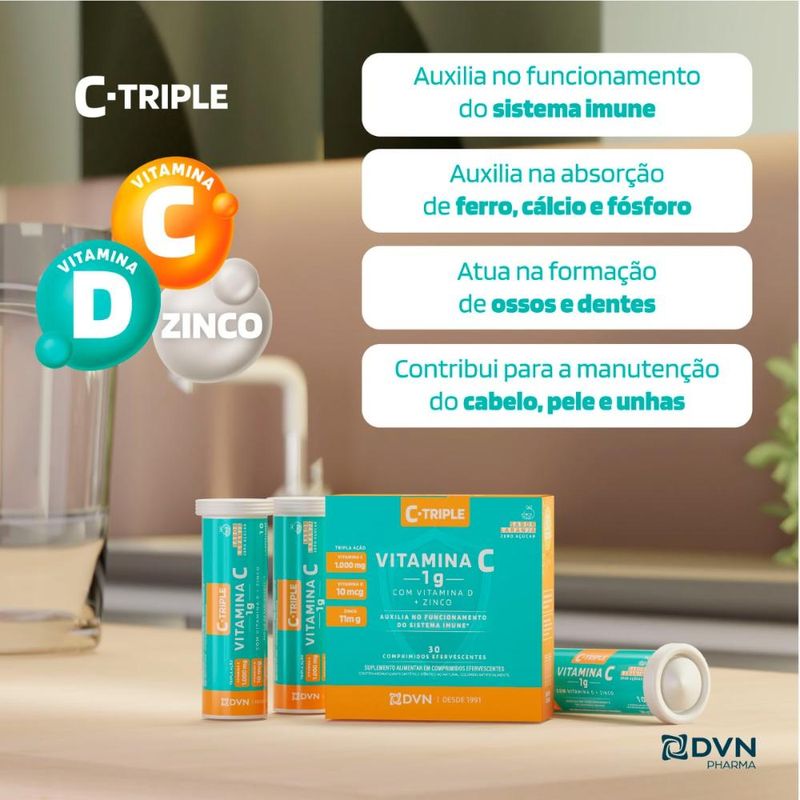 Vitamina C 1g+Vit D+Zinco Efervescente 30 comprimidos - C-Triple