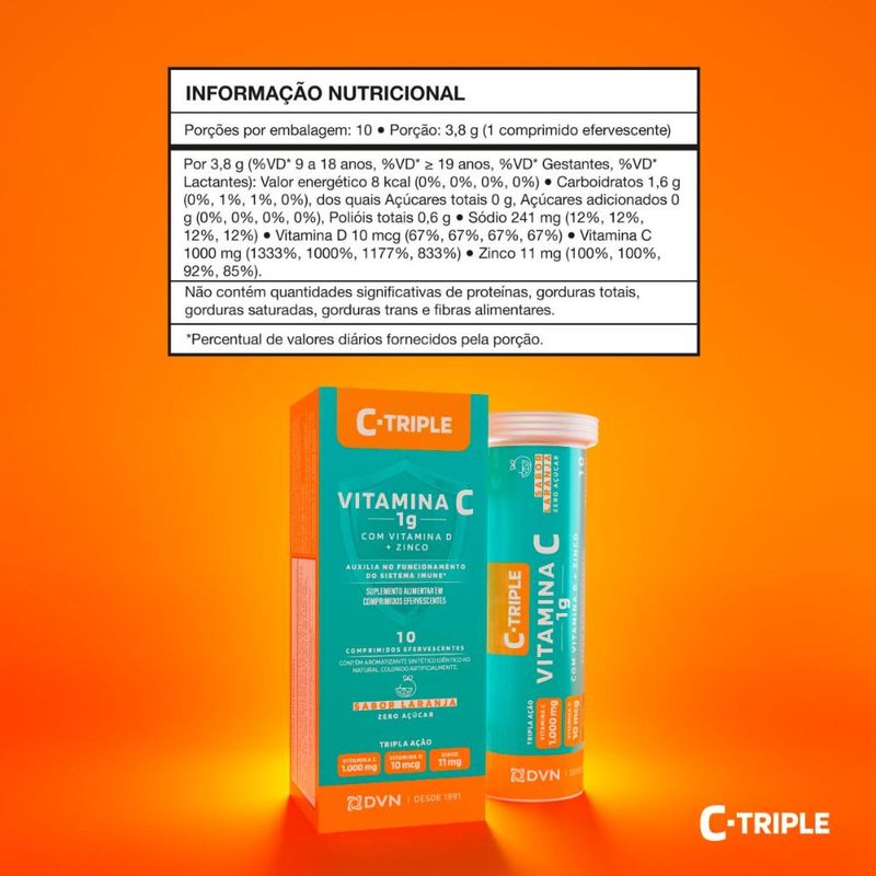 Vitamina C 1g+Vit D+Zinco Efervescente 10 unidades- C-Triple