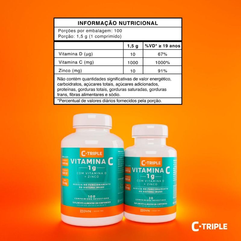 Vitamina C 1g+Vit D 400UI+Zinco 10mg 100 comprimidos C-Triple