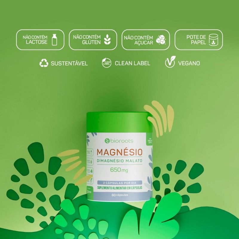 Magnésio Malato Vegan 650 mg com 60 cápsulas - Bioroots