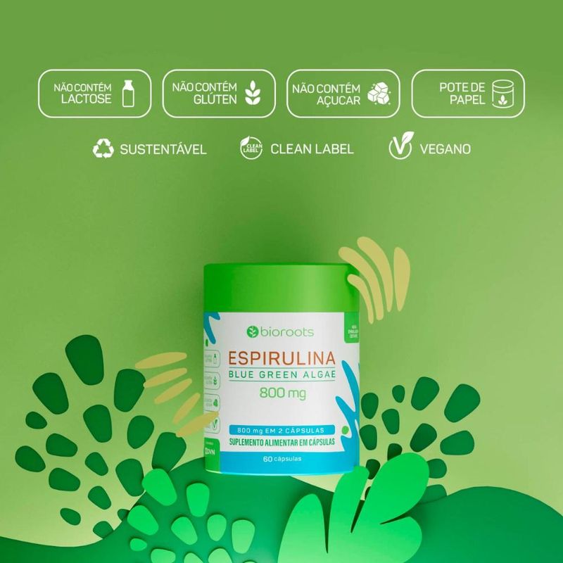 Espirulina Blue Green Algae 800mg com 60 Cápsulas - Bioroots