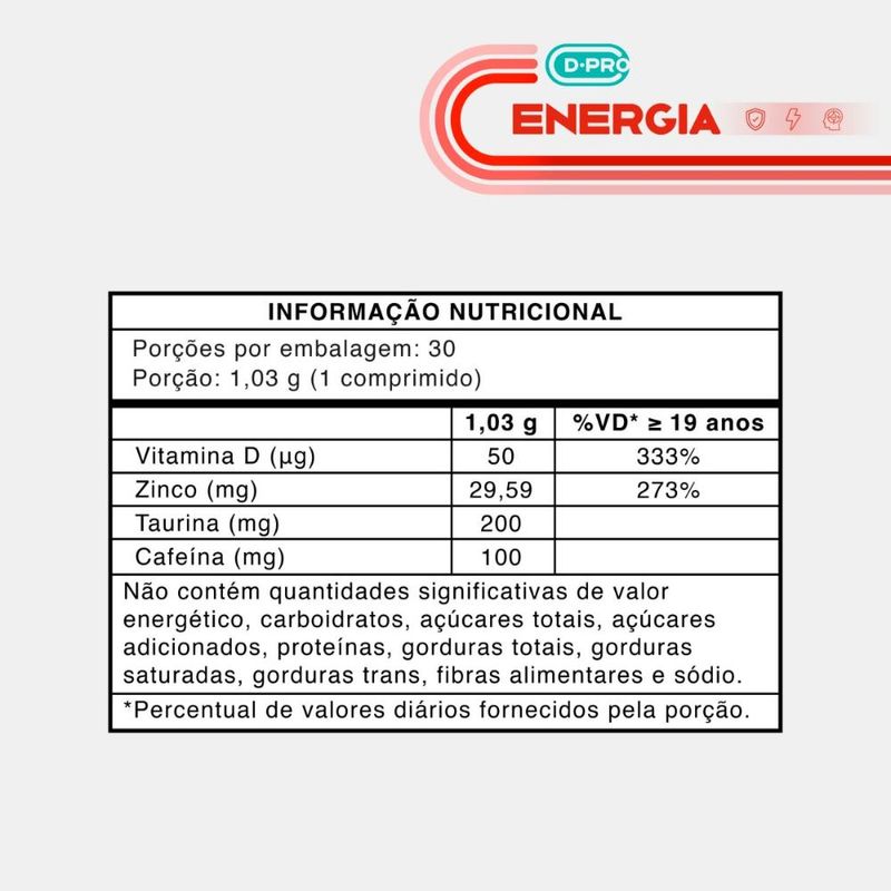 Vitamina D +Zinco +Taurina + Cafeína 30 comprimidos - DEnergy
