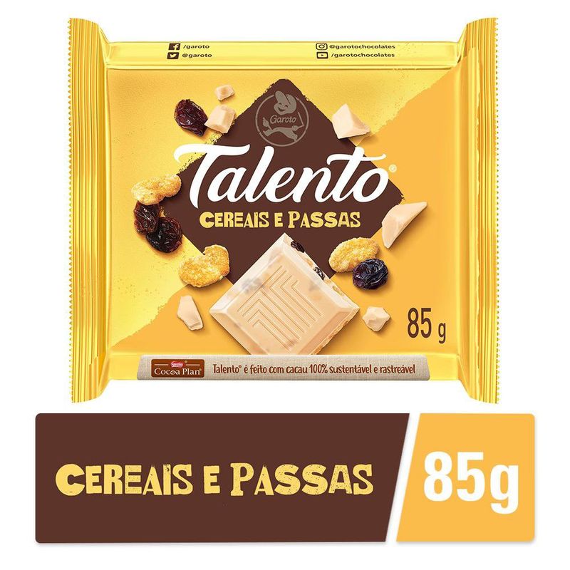 Chocolate Talento Branco com Cereais e Passas 85g