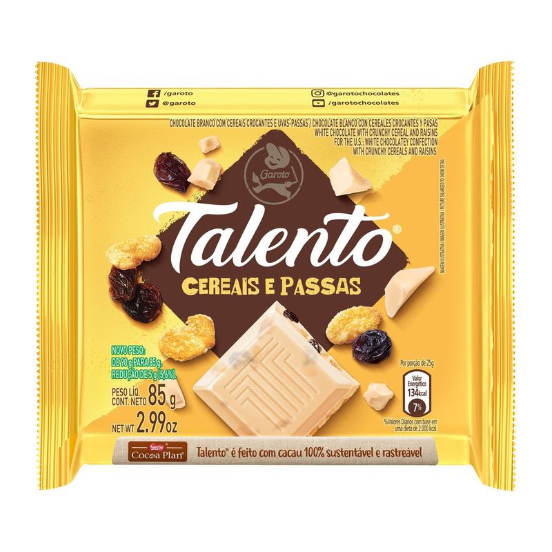 Chocolate Talento Branco com Cereais e Passas 85g