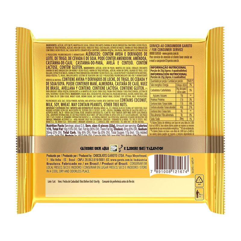 Chocolate Talento Branco com Cereais e Passas 85g