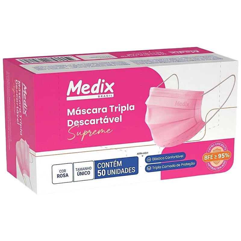 Máscara Tripla Descartável Supreme Rosa 50 unidades