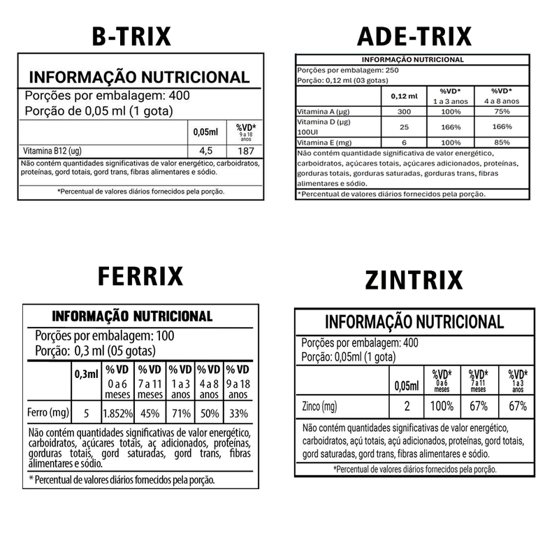 Kit Vitaminas Infantil Flora Nativa ADE-Trix, Ferrix, B-Trix e Zintrix