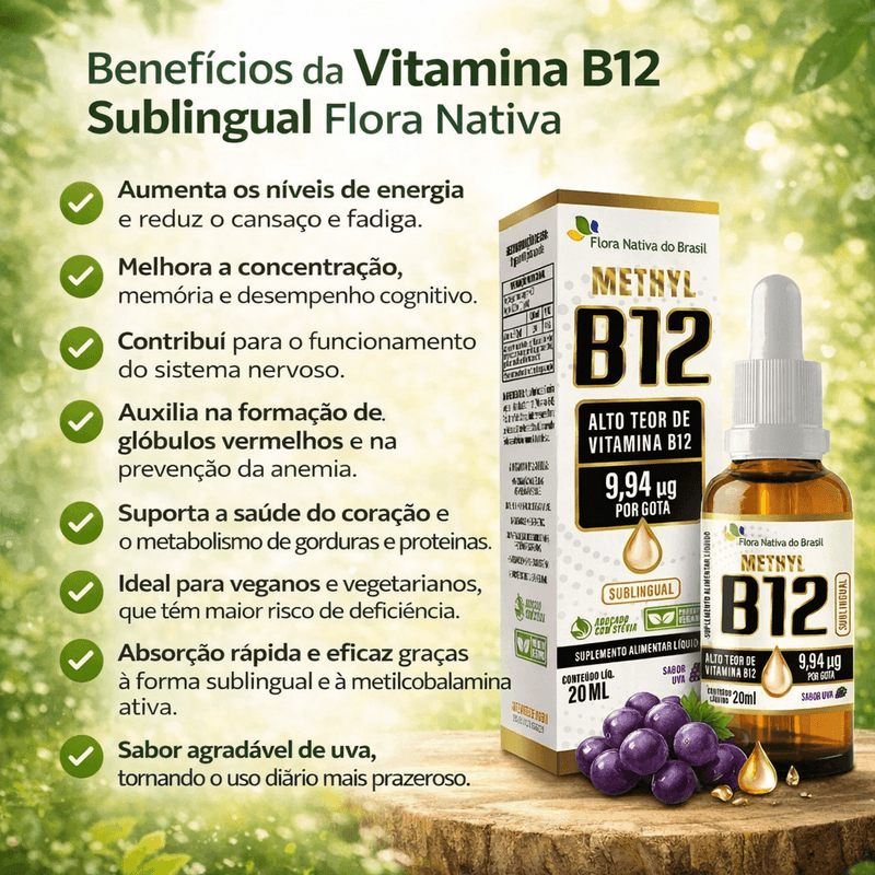 Kit C/ 3 Vitamina B12 Uva 20ml - Metilcobalamina 9,94 mcg por gota - Flora Nativa