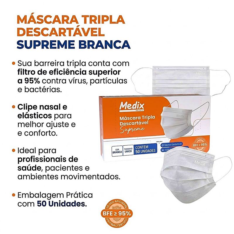 Máscara Tripla Descartável Supreme Branca 50 unidades