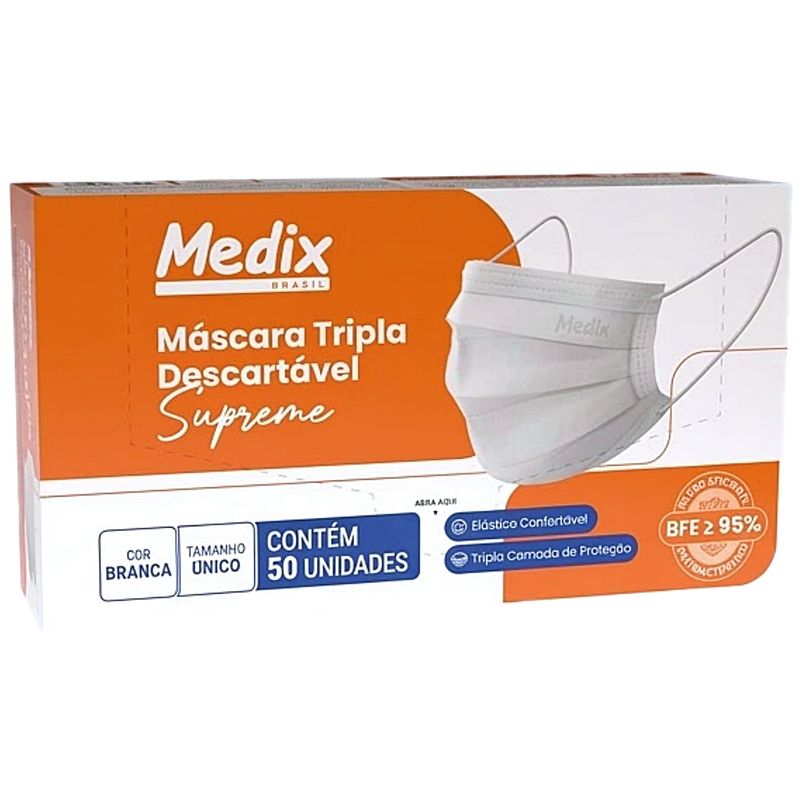Máscara Tripla Descartável Supreme Branca 50 unidades