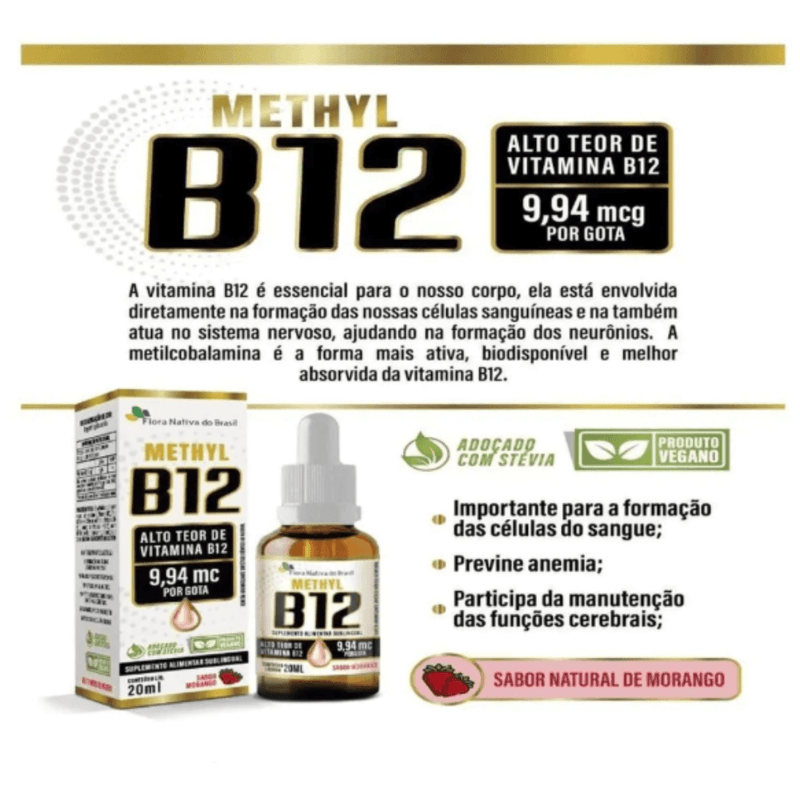 Vitamina B12 Morango 20ml - Metilcobalamina 9,94 mcg por gota - Flora Nativa