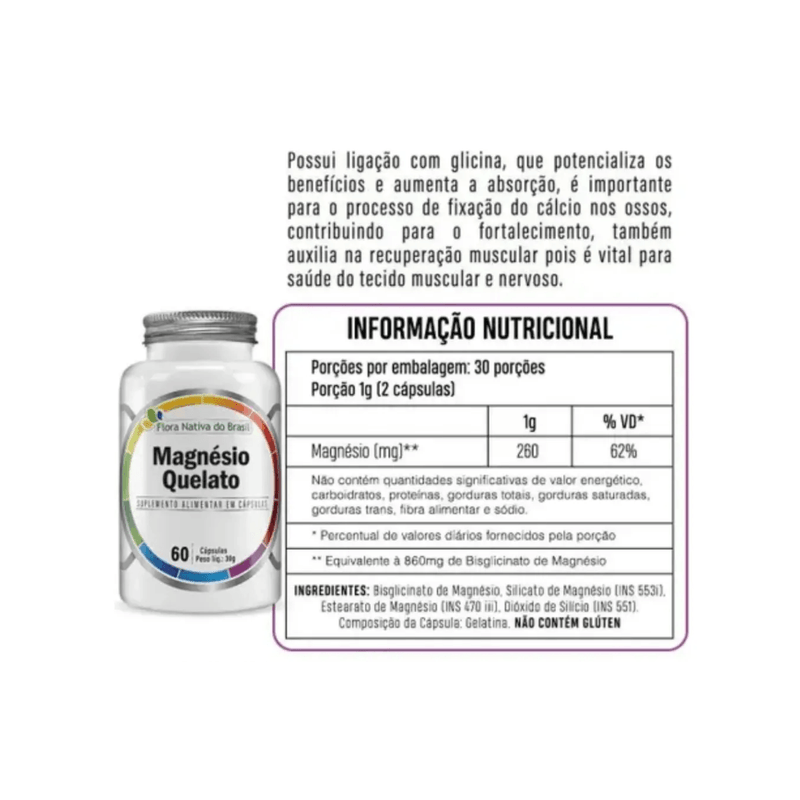 Kit C/2 Magnésio Quelato Flora Nativa 60 Cápsulas Bisglicinato Alta Absorção
